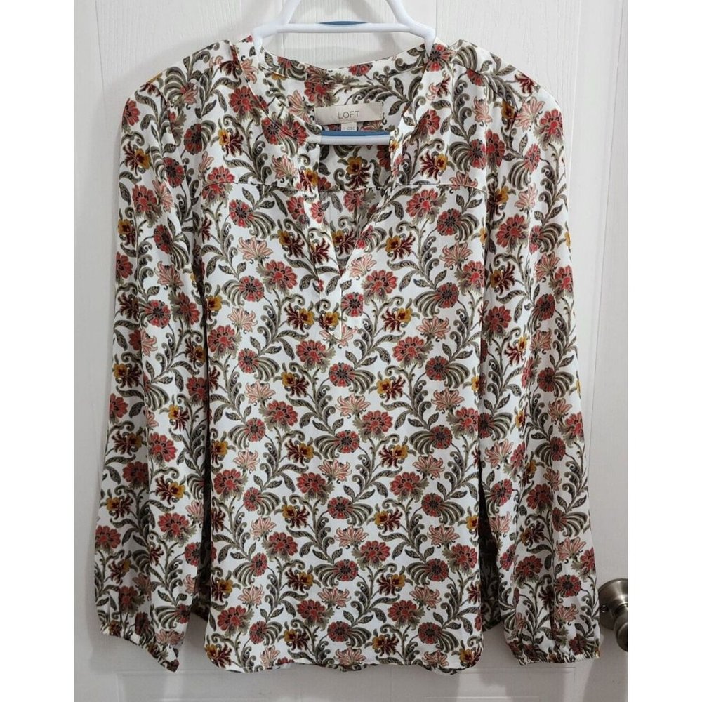 LOFT Women's Long Sleeve V Neck Popover Blouse Top Polyester White Floral Size S
